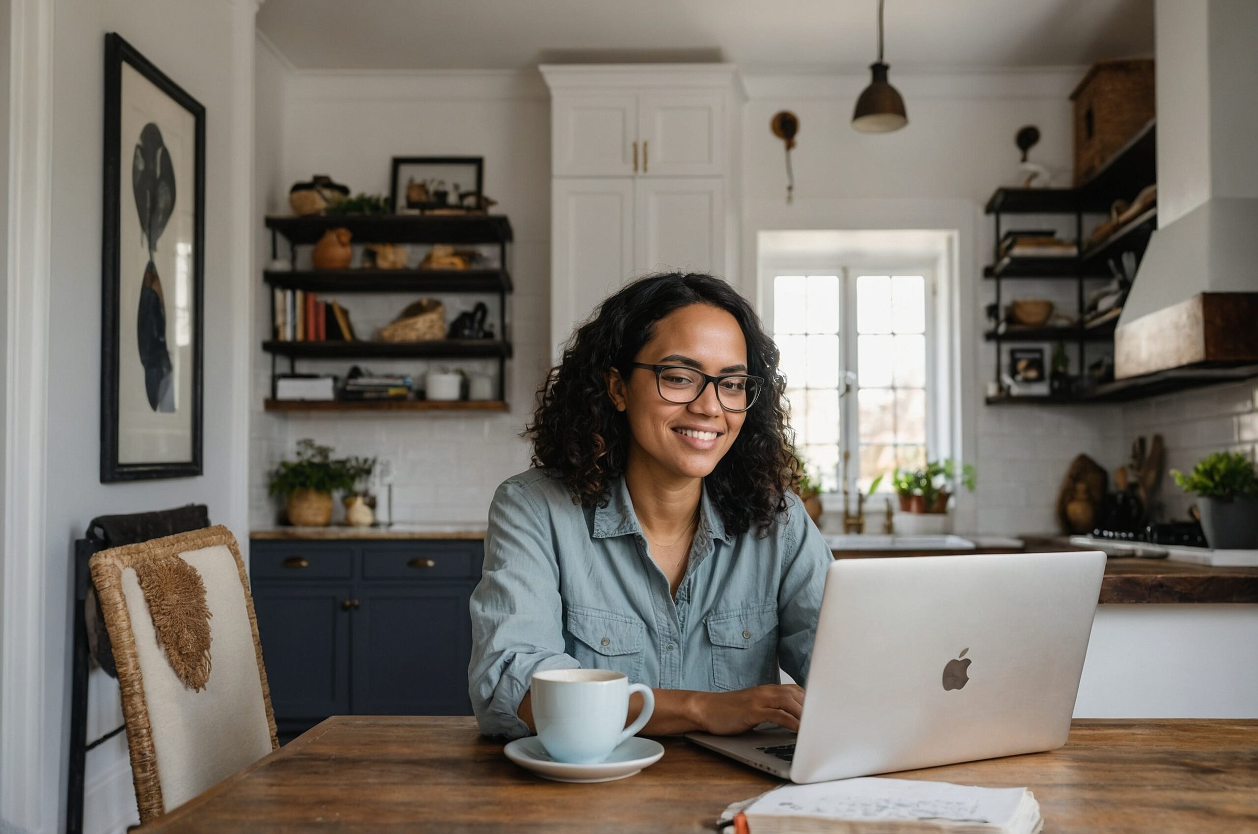Smiling woman with glasses typing on a laptop at a wooden kitchen table, with a coffee mug nearby.