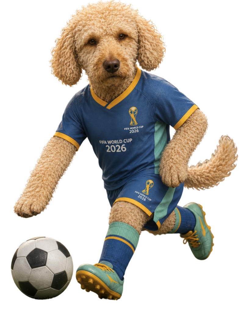 Curly-haired goldendoodle in blue FIFA World Cup 2026 jersey kicking a soccer ball.
