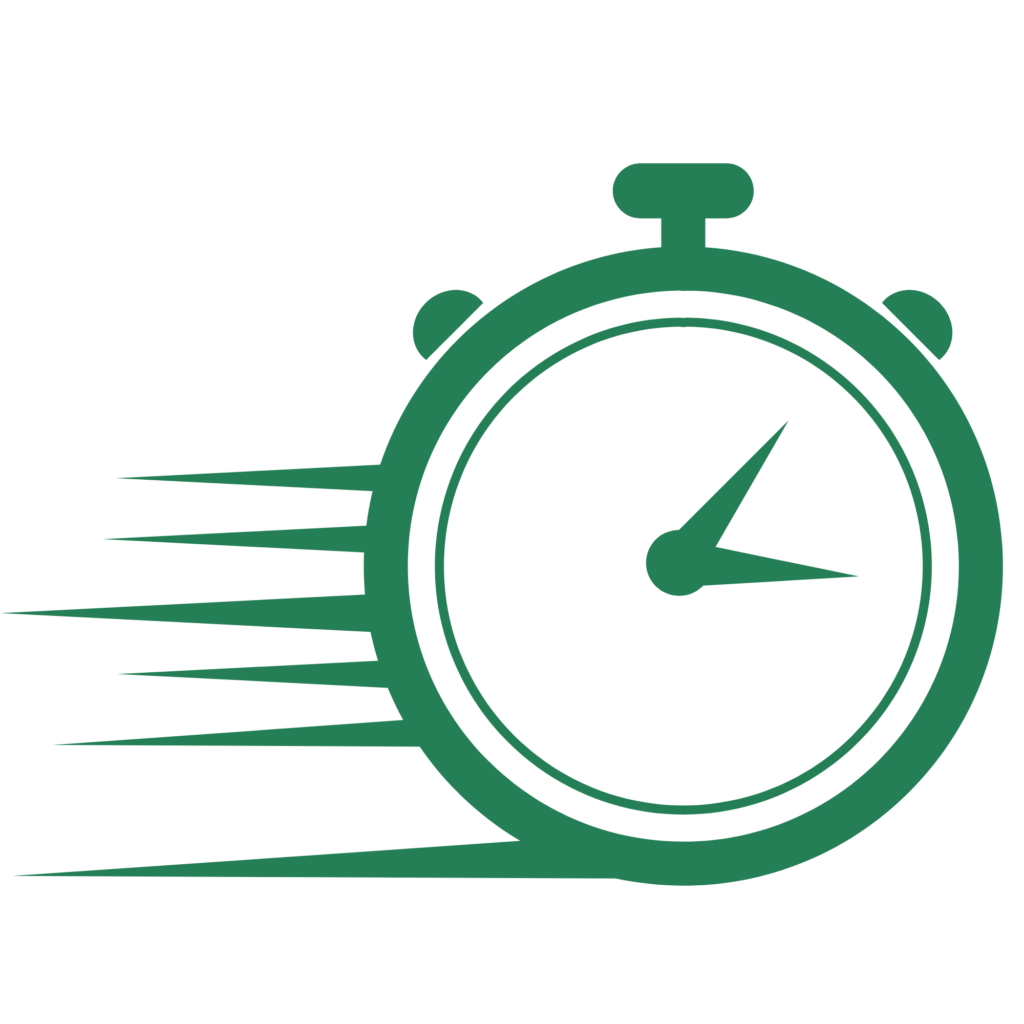 Decorative abstract green stopwatch emblem with motion lines on a black background, suggesting speed or timing.