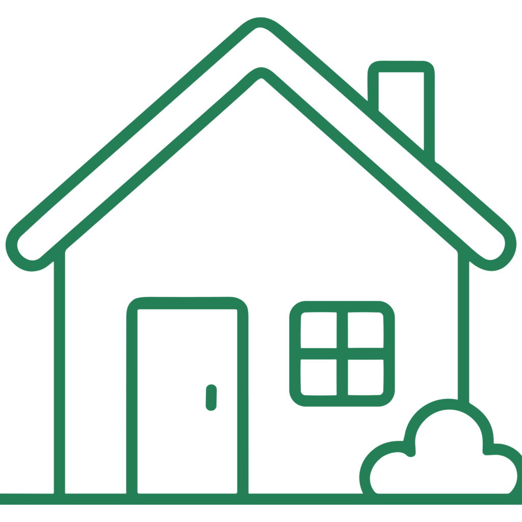Line-art illustration of a simple house with a pitched roof, door, two windows, and a small cloud to the right.