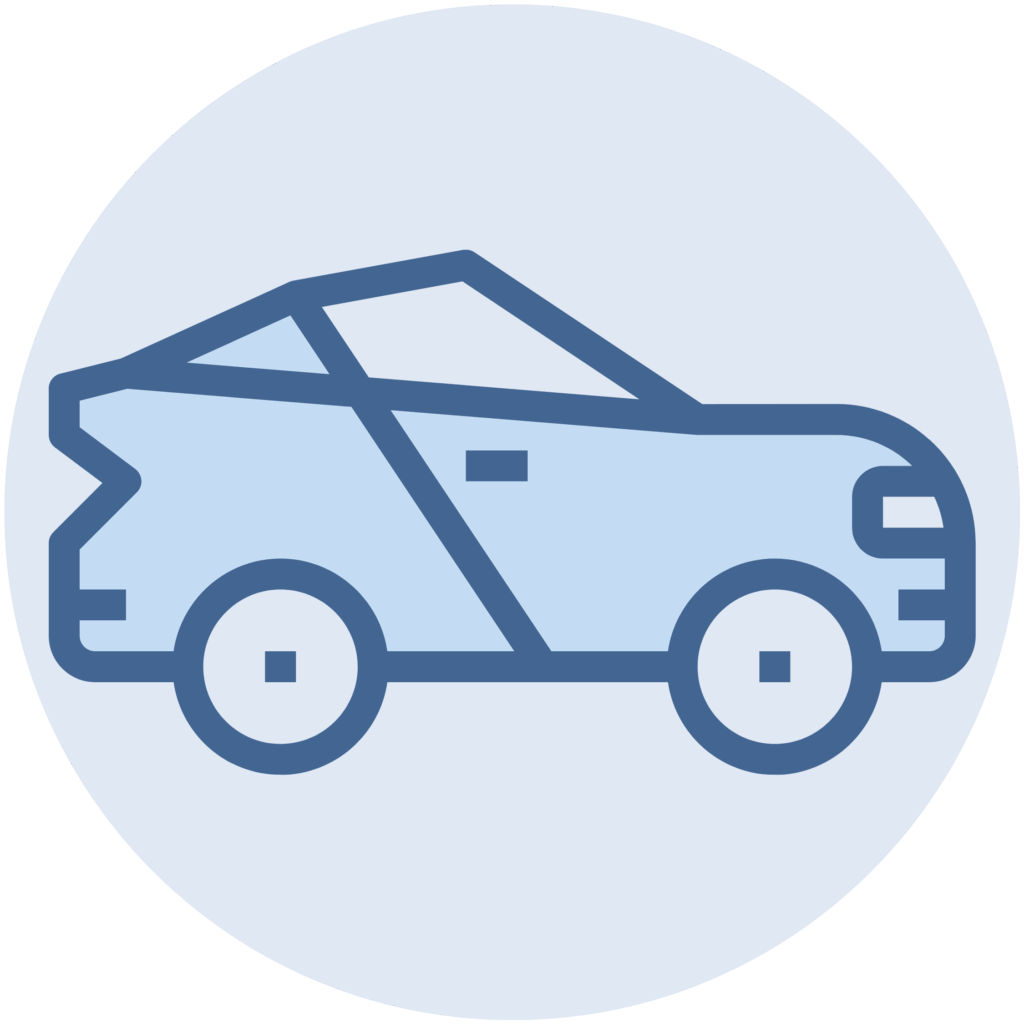 Stylized blue line drawing of a car inside a pale blue circular background (logo-style).
