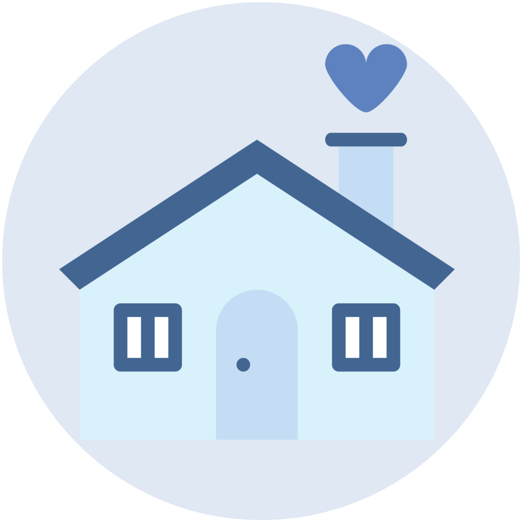 Illustration of a blue house with a pitched roof, chimney, and two square windows on a pale blue circular background.