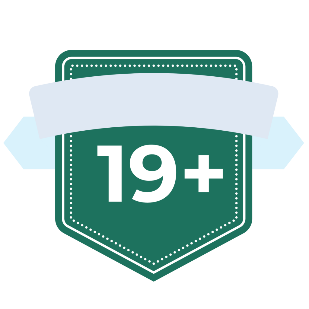 Teal badge with a dotted border and a pale blue ribbon behind, displaying the number 195.