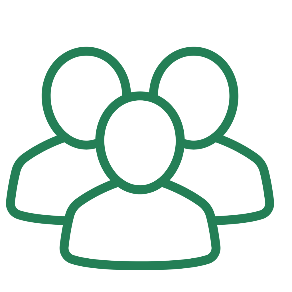 Group of overlapping green user silhouettes outlined on a black background, suggesting a social network theme